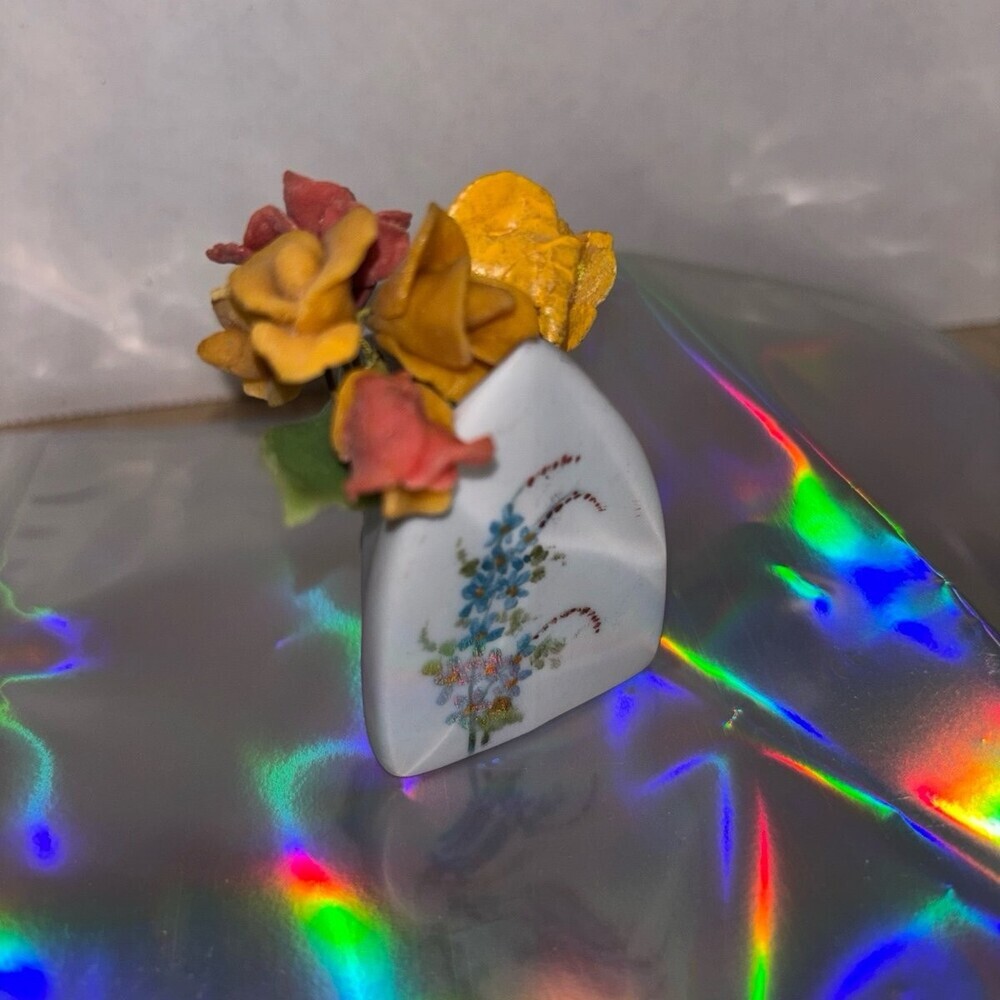 Vintage tiny ceramic iron "vase" with bundle of ceramic flowers. Floral painted